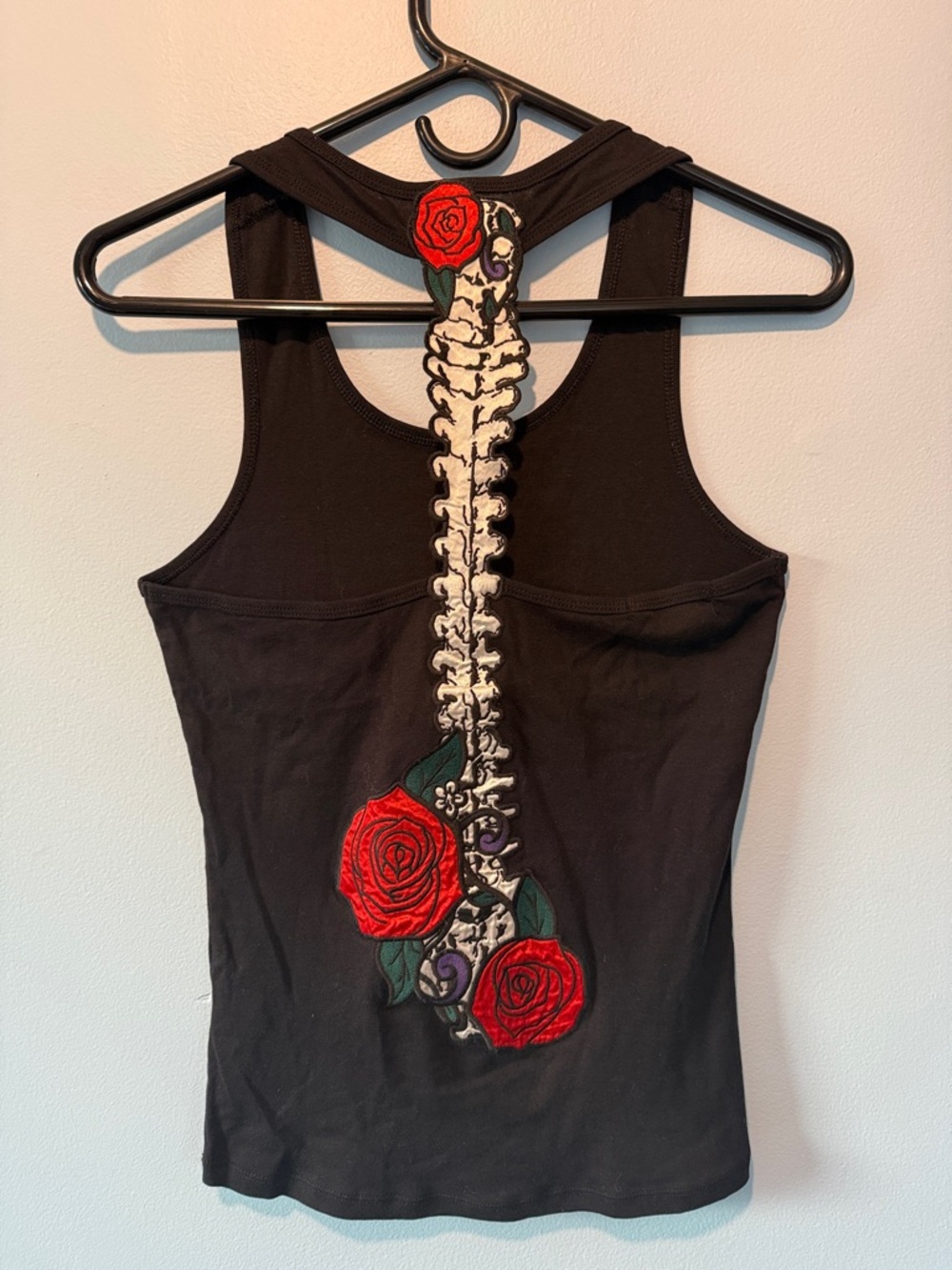Hell Bunny Black Racerback Tank with Red Rose & Spine Embroidery